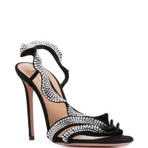 NWT Aquazzura Ruffle Black Suede Crystal Sandal Size 37.5/7.5